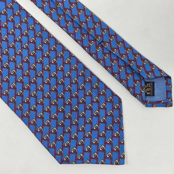 RICHEL SILK TIE BLUE RED EQUESTRIAN STIRRUP 3.75" X 61" HAND MADE SPAIN - Picture 1 of 4